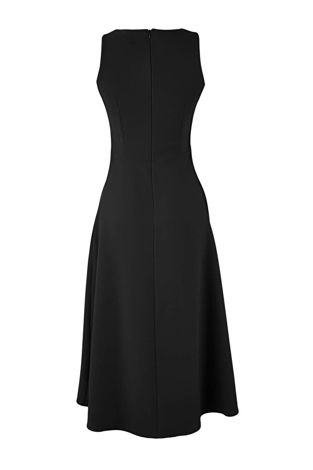 Siyah Kayık Yaka Skater/Belden Açılan Midi Dokuma Elbise TWOSS26EL00134 - 6