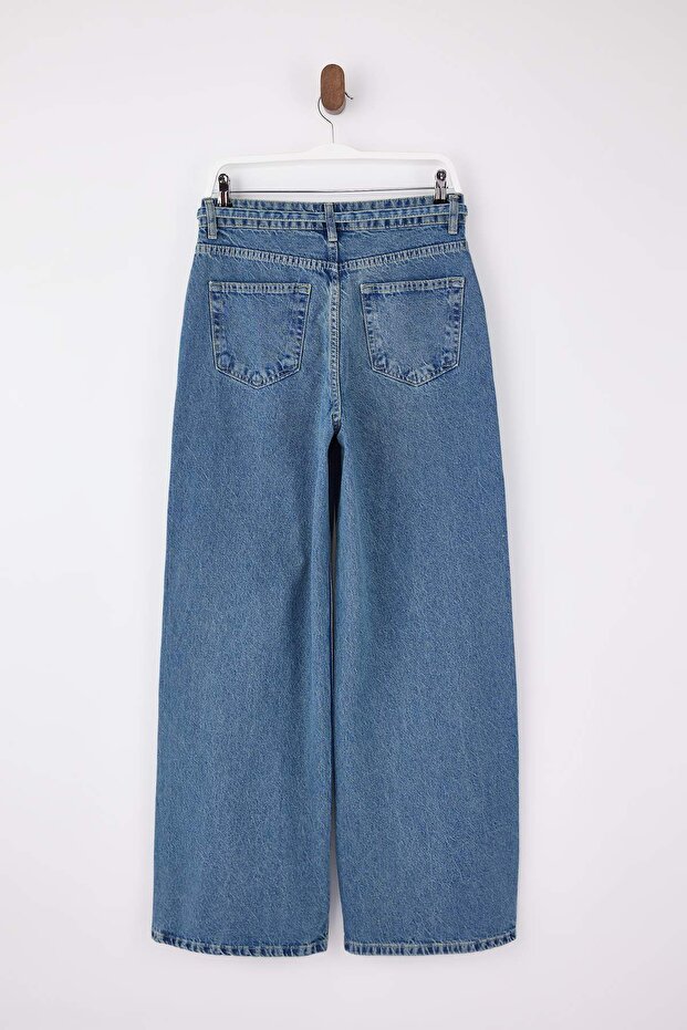 Mavi Kemerli Yüksek Bel Geniş Paça Wide Leg %100 Pamuk Jeans TWOSS26JE00085 - 7