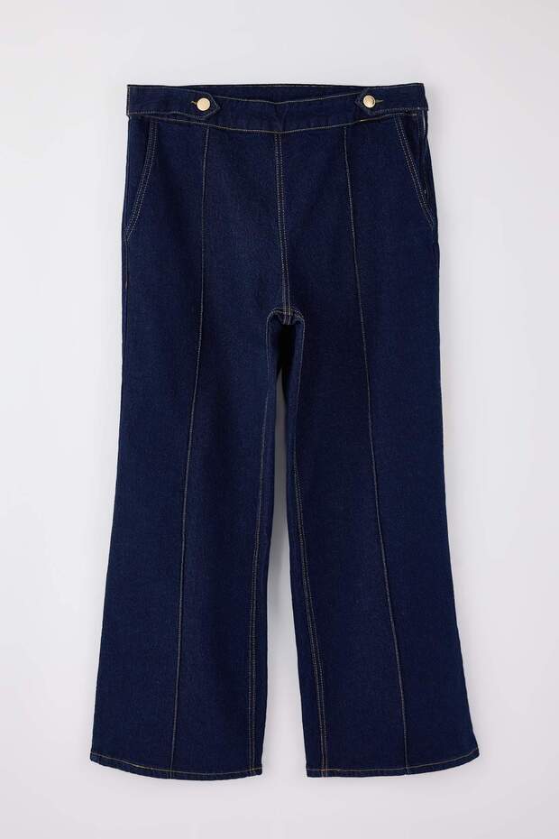 Koyu Mavi Yüksek Bel Düğme Detaylı Comfort/Esnek Wideleg/Geniş Paça Büyük Beden Jeans TBBSS26CJ00008 - 5