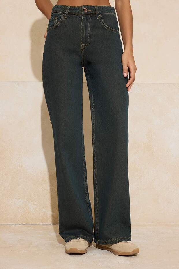 Koyu Haki Kahverengi Yüksek Bel Wide Leg/Geniş Paça %100 Pamuklu Jeans TWOSS26JE00048 - 1