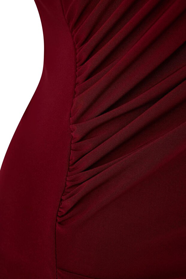 Bordo Dik Yaka Büzgülü Sandy Örme Büyük Beden Bluz TBBAW26AF00053 - 6