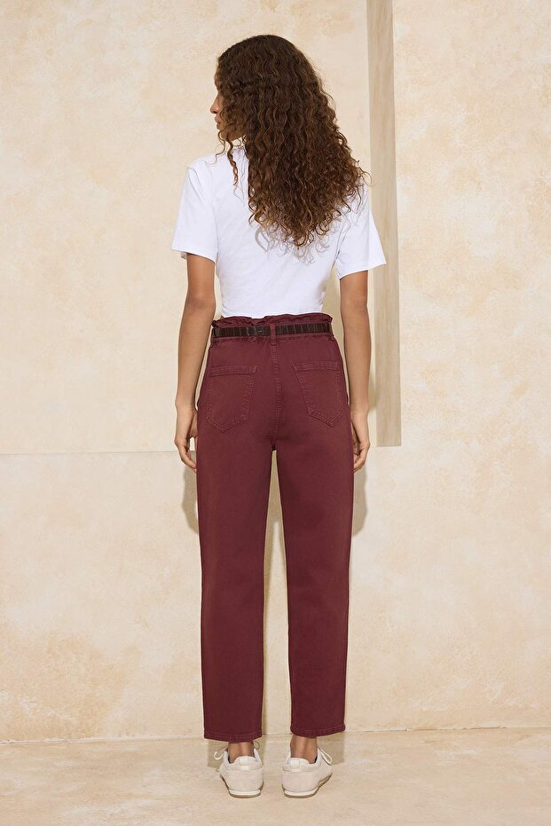 Bordo Kemerli Yüksek Bel Barrel Jeans TWOAW26JE00300 - 4
