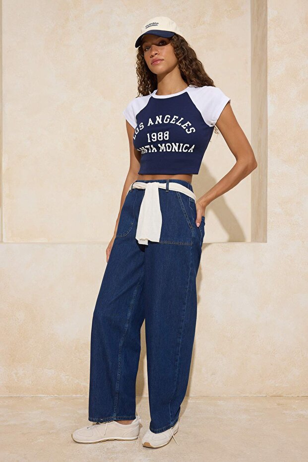 Koyu Mavi DÖKÜMLÜ Beli Lastikli Yüksek Bel %100 Pamuk Baggy Jeans TWOSS26JE00064 - 3