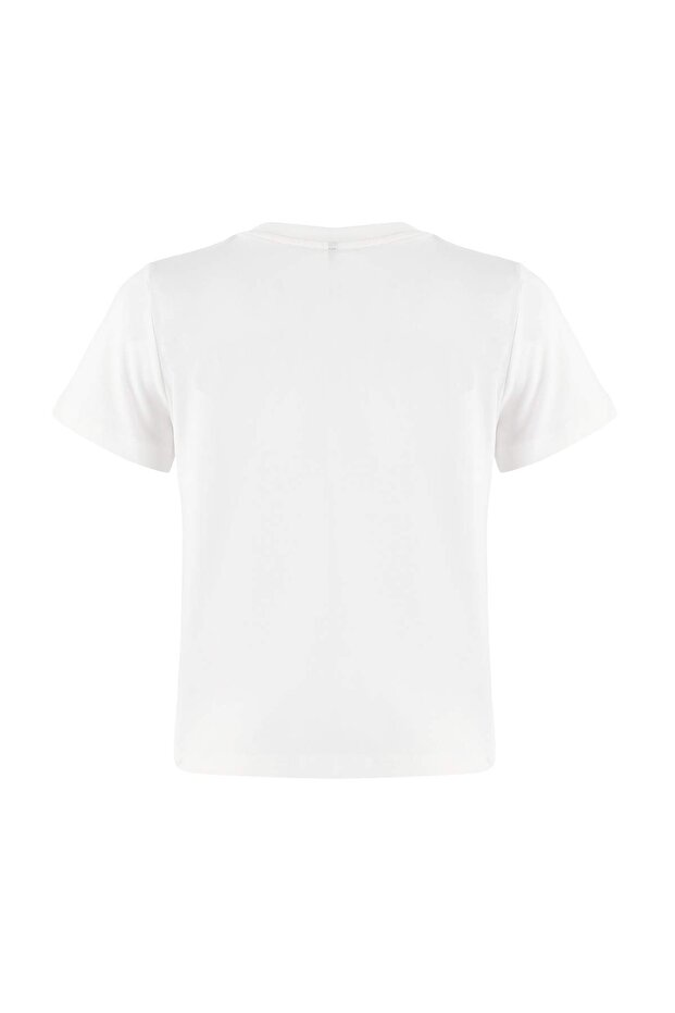 Ekru Regular/Normal Kalıp Kısa Kollu Nakışlı Tok %100 Pamuk Örme T-Shirt TWOSS26TS00016 - 7