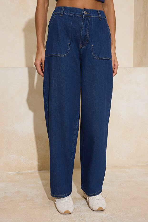 Koyu Mavi DÖKÜMLÜ Beli Lastikli Yüksek Bel %100 Pamuk Baggy Jeans TWOSS26JE00064 - 5