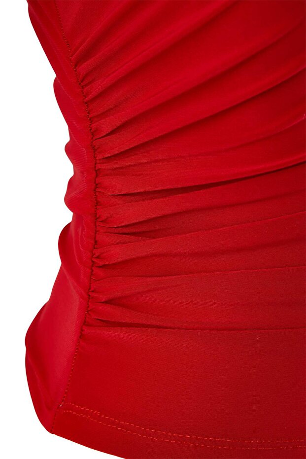 Kırmızı Drapeli Fitted/Vücuda Oturan Kısa Kollu Dik Yaka Esnek Örme Bluz TWOSS24BZ00426 - 6