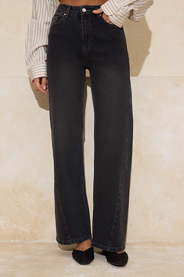 Siyah Yüksek Bel Az Esnek Wide Leg Geniş Paça Jeans TWOSS26JE00063 - 3