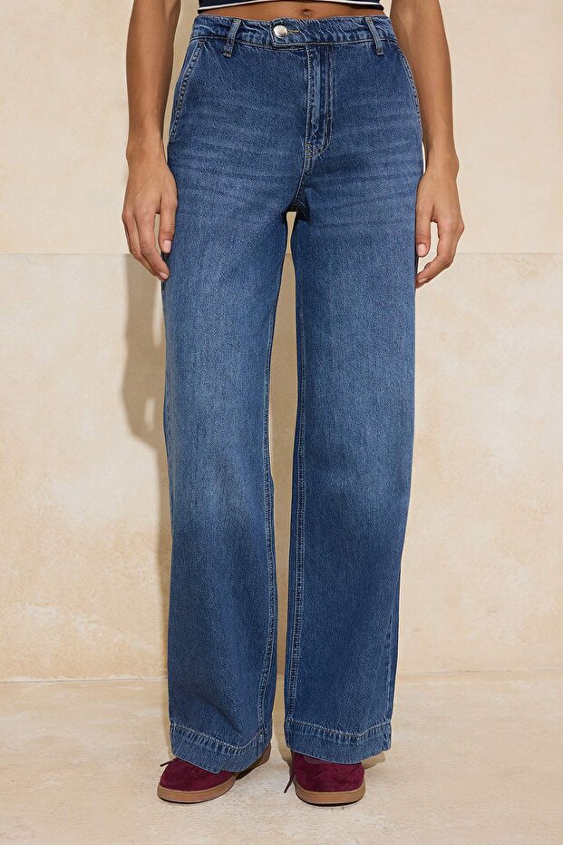 Koyu Mavi DÖKÜMLÜ Bel Detaylı Yüksek Bel %100 Pamuk Wide Leg Jeans TWOSS26JE00061 - 3