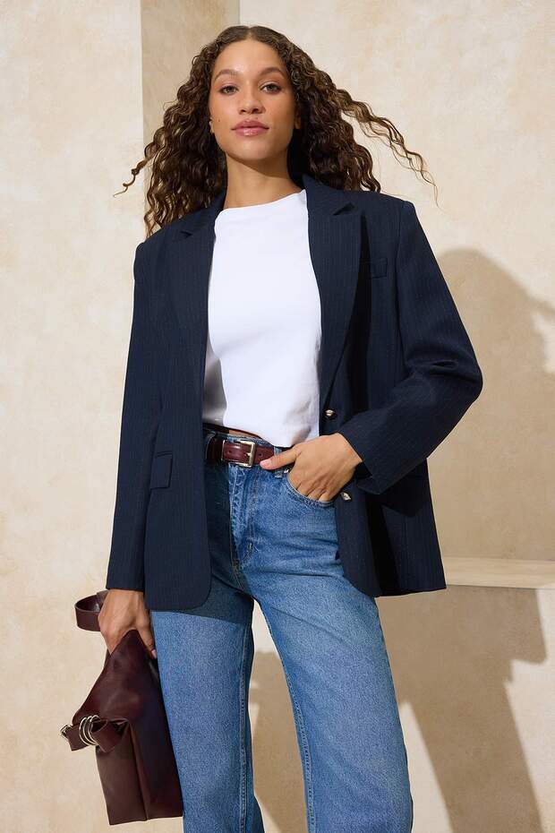 Lacivert Gümüş Düğmeli Fitted/Vücuda Oturan Dokuma Astarlı Vatkalı Blazer Ceket TWOSS26BC00015 - 1
