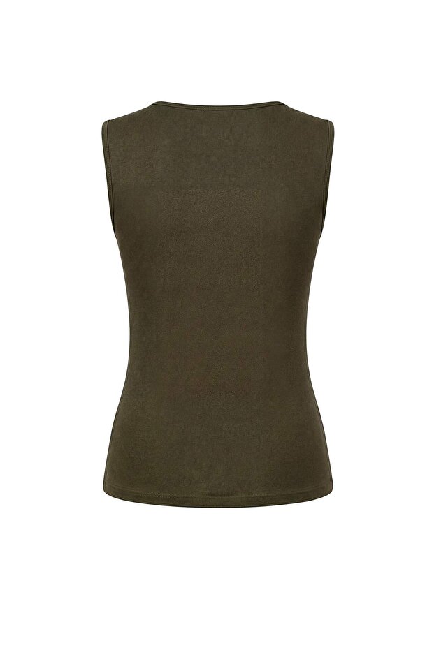 Haki Fitted/Vücuda Oturan Kayık Yaka Kolsuz Aksesuar Detaylı Esnek Örme Bluz TWOSS26BZ00183 - 8