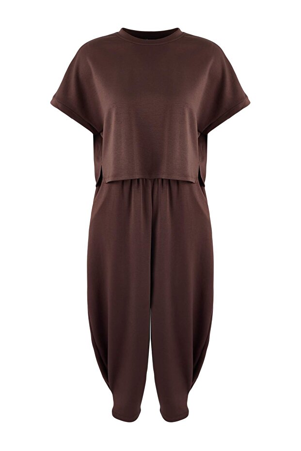 Kahverengi Oversize Dikiş Detaylı Dar Paça Soft Touch Örme Alt-Üst Takım TWOSS26AU00036 - 5