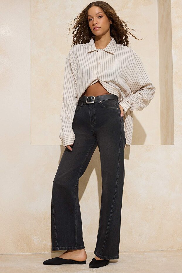 Siyah Yüksek Bel Az Esnek Wide Leg Geniş Paça Jeans TWOSS26JE00063 - 1