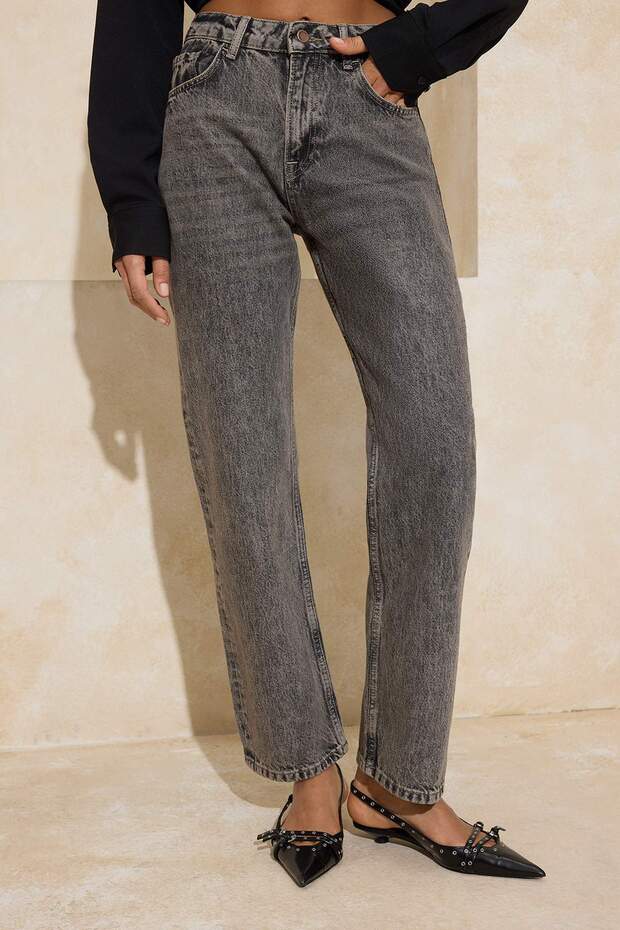 Gri Yüksek Bel %100 Pamuk Düz Kesim Straight Jeans TWOSS26JE00021 - 3