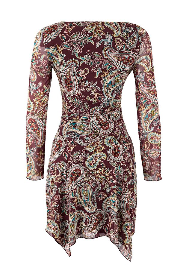 Çok Renkli Şal Desen Boho Chic A-Kesim Asimetrik Kayık Yaka Mini Tül Örme Elbise TWOSS26EL00104 - 6