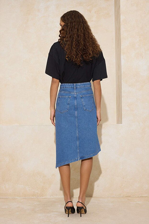 Mavi More Sustainable Yırtmaçlı Asimetrik Midi %100 Pamuk Denim Etek TWOSS26ET00006 - 4