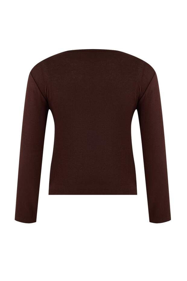 Kahverengi 2'li Takım Fitted/Vücuda Oturan V Yaka Düğmeli Yumuşak Örme Bluz TWOSS26BZ00173 - 8