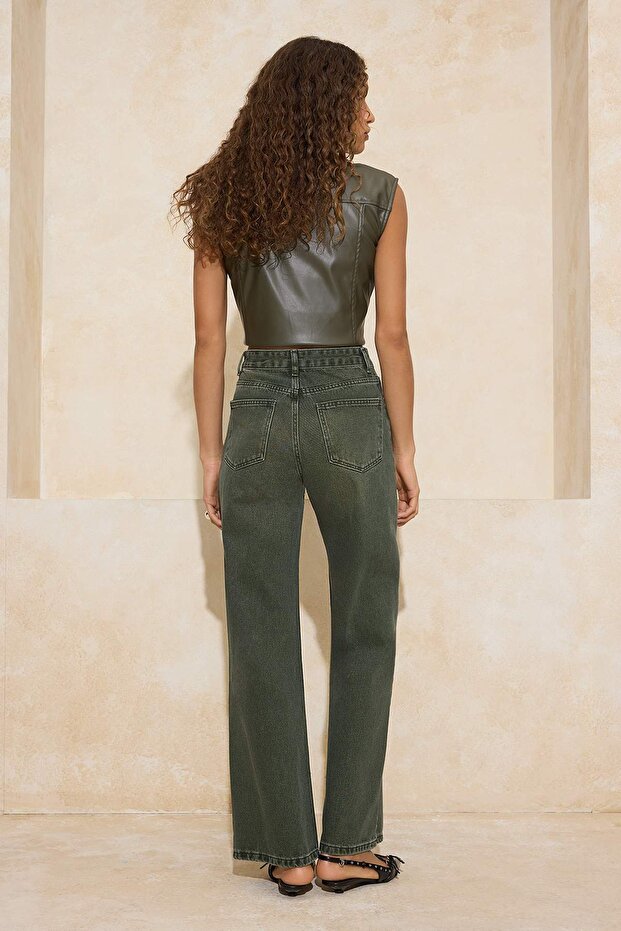 Haki Vintage Yıkama Yüksek Bel %100 Pamuk Geniş Paça Wide Leg Jeans TWOSS26JE00017 - 4