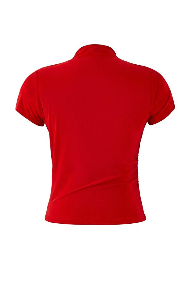 Kırmızı Drapeli Fitted/Vücuda Oturan Kısa Kollu Dik Yaka Esnek Örme Bluz TWOSS24BZ00426 - 7