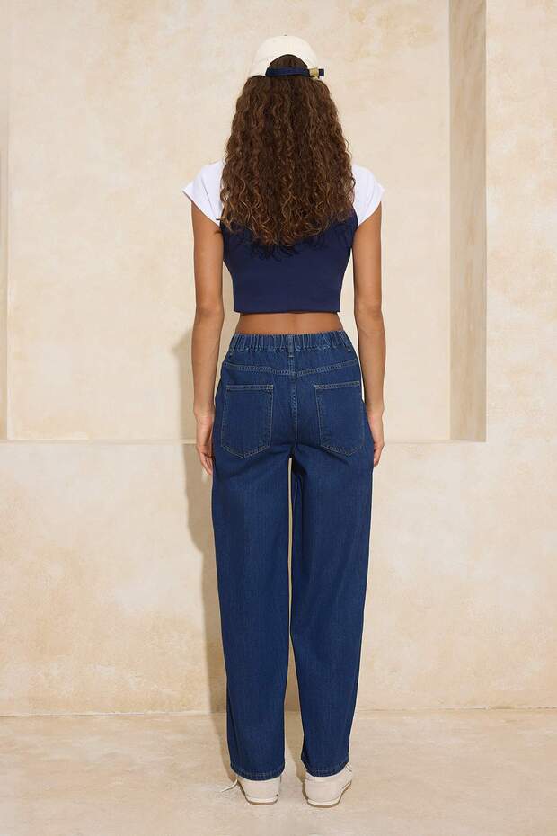 Koyu Mavi DÖKÜMLÜ Beli Lastikli Yüksek Bel %100 Pamuk Baggy Jeans TWOSS26JE00064 - 6