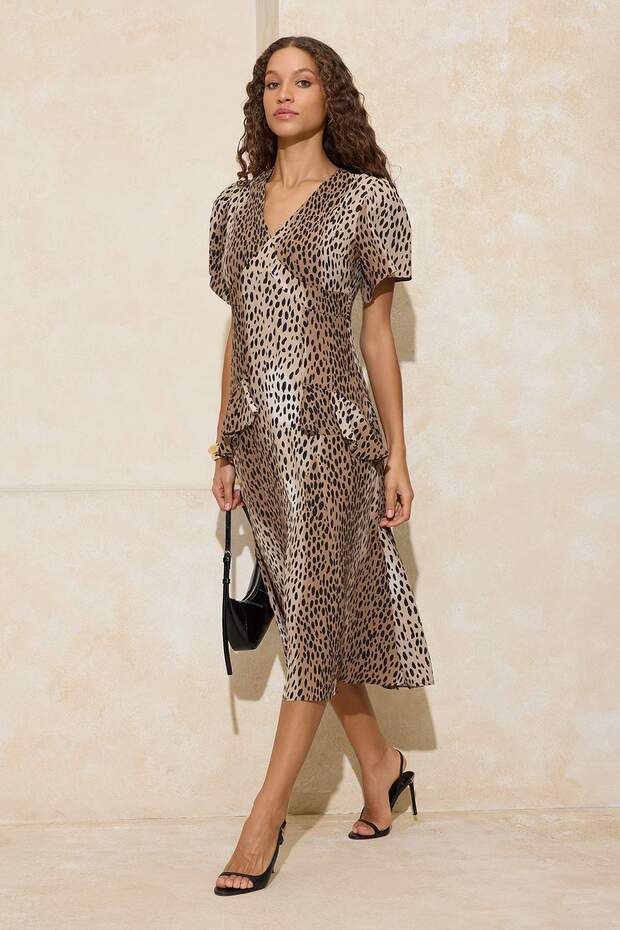 Multi-Colored Animal Patterned Ruffle and Tie Detail Midi Woven Dress Twoss26El00066