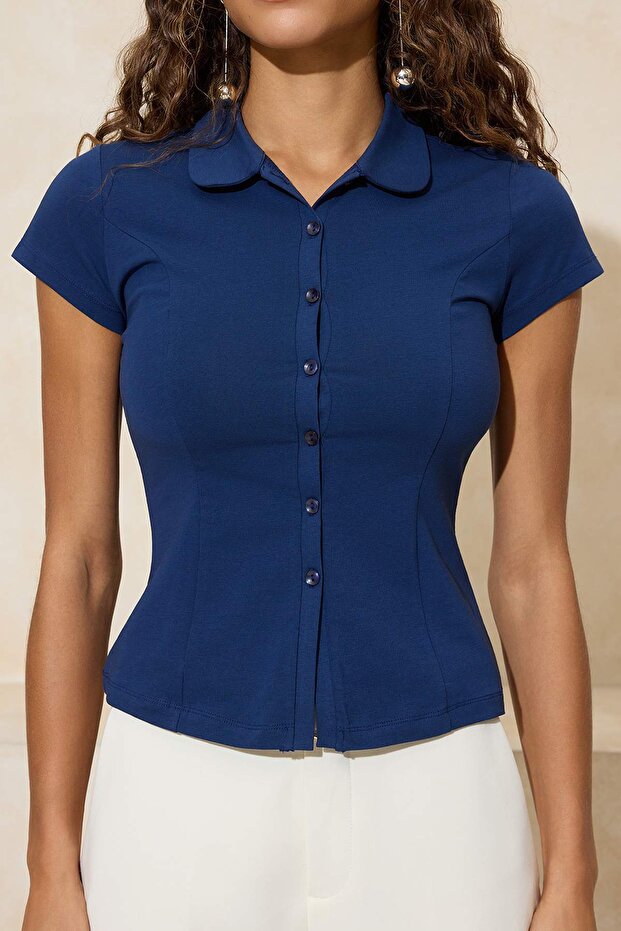 Lacivert Fitted/Vücuda Oturan Bebe Yaka Düğmeli Pamuklu Esnek Örme Bluz TWOSS26BZ00188 - 4