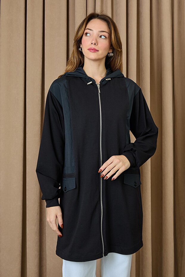Kadın Kapüşonlu Basic Tunik - 10733TUN - BLACK - 1