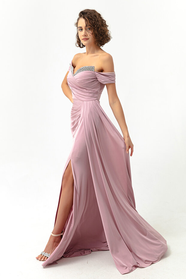 Women's Powder Slim Fit Collar Stone Tail Long Evening Dress