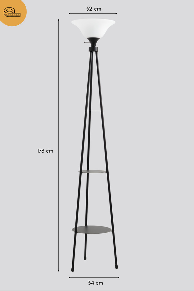 3 Ayaklı Raflı Metal Siyah Dekoratif Fedora Lambader - 3