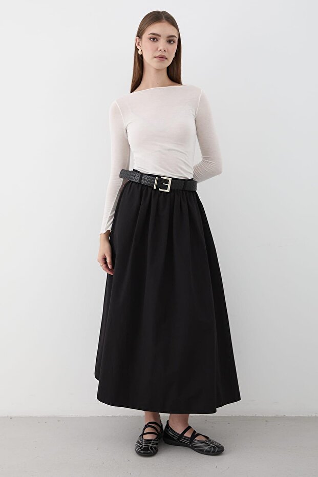 Women's Belted Ruched Detail Maxi Skirt Black