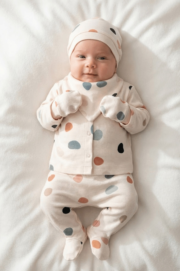 Unisex Baby Polka Dot Patterned Natural 5-Piece Hospital Discharge Bodysuit Set
