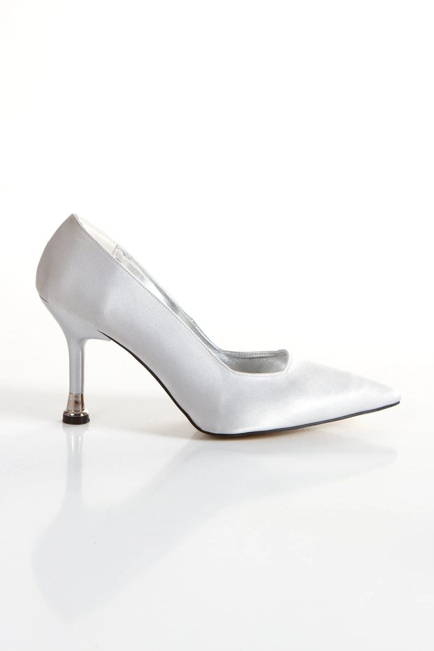 Women's Silver Satin Closed Back 8 cm Thin Galvanized Heeled Comfortable Stiletto