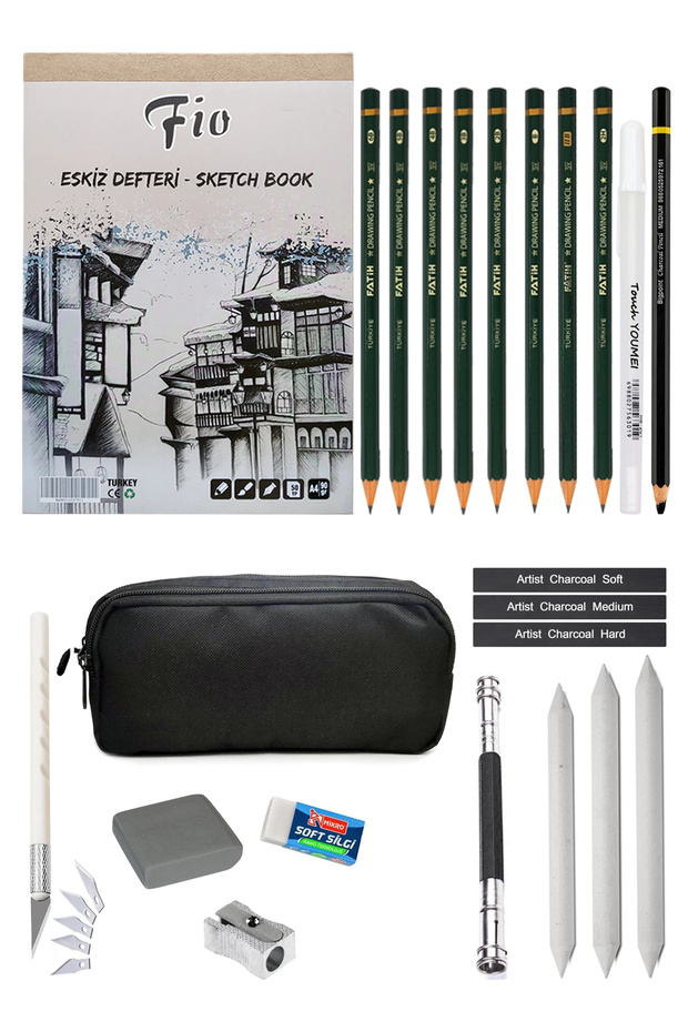 Fio A4 Sketchbook with Pen Holder Sketching Set Charcoal Drawing Set White Gel Pen Woodless Charcoal Pencil