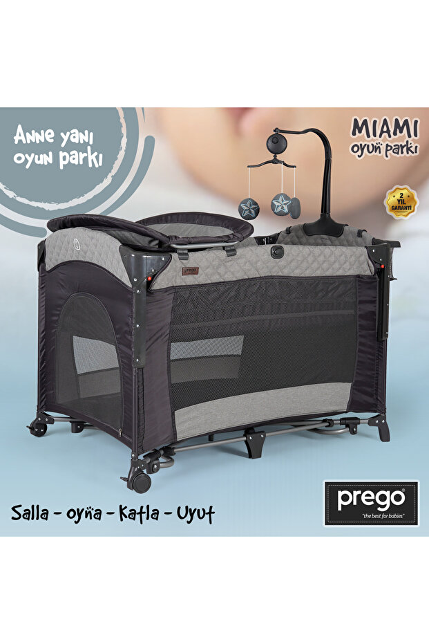 8023 Miami 70x110 Anne Yanı Beşik Oyun Parkı Yatak Gri - 1