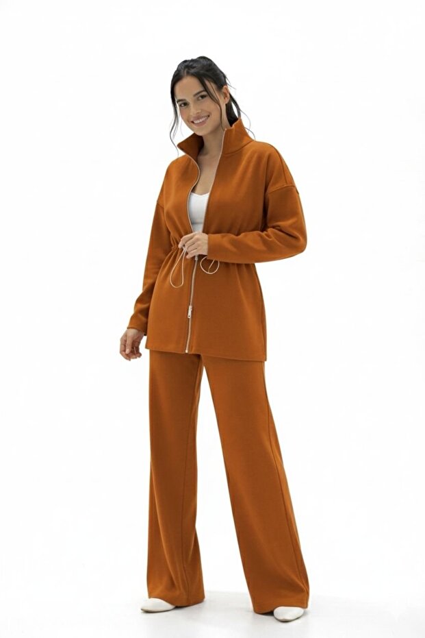Women's Knitted Two-Piece Set Zip-Up Jacket Wide-Leg Pants Standard Size Modest Set