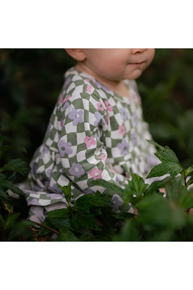 Organik Grafik Çiçek Desenli Çıtçıtlı Uzun Kollu Kız Bebek Elbise - 4