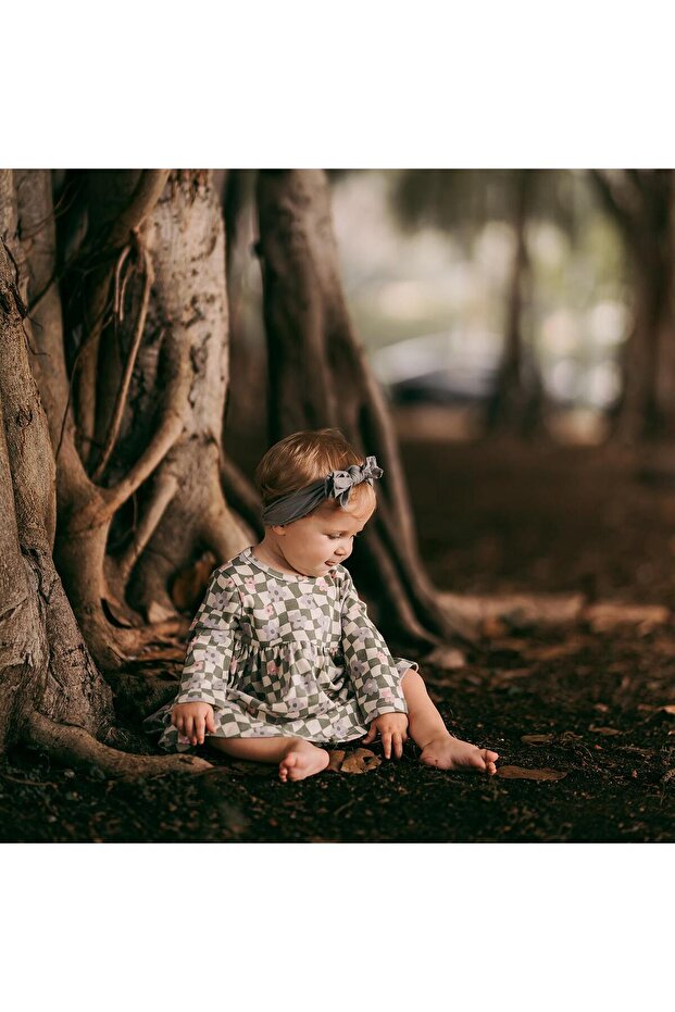 Organik Grafik Çiçek Desenli Çıtçıtlı Uzun Kollu Kız Bebek Elbise - 5