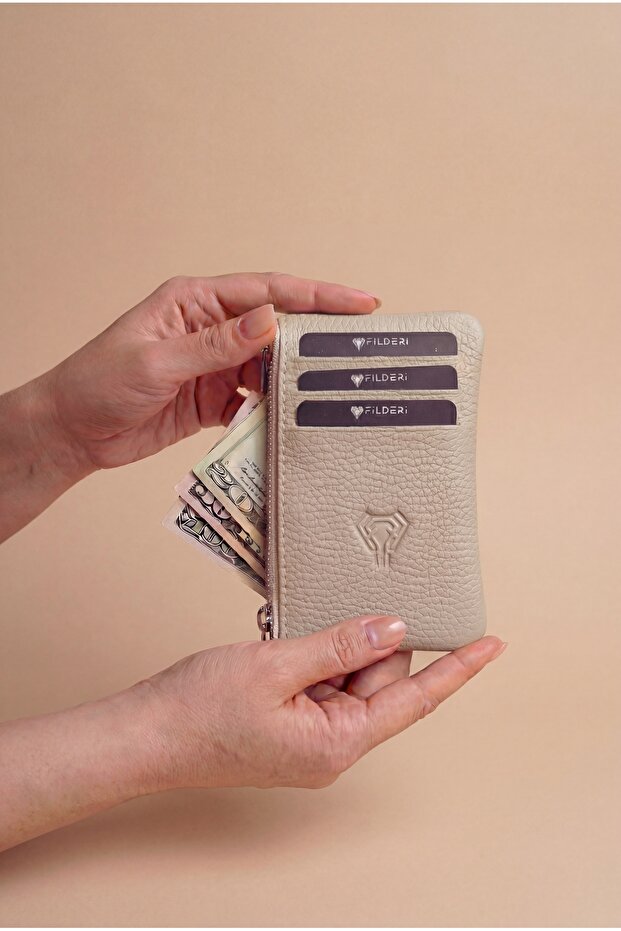 Genuine Leather Zippered Mini Card Holder with Coin Compartment in Mink Color 2126