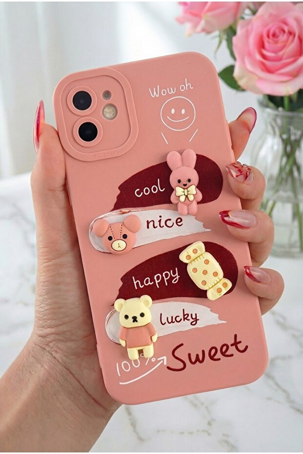 iPhone 12 Case Designed Patterned Camera Protected Rabbit Pink Soft Silicone Cover - 1