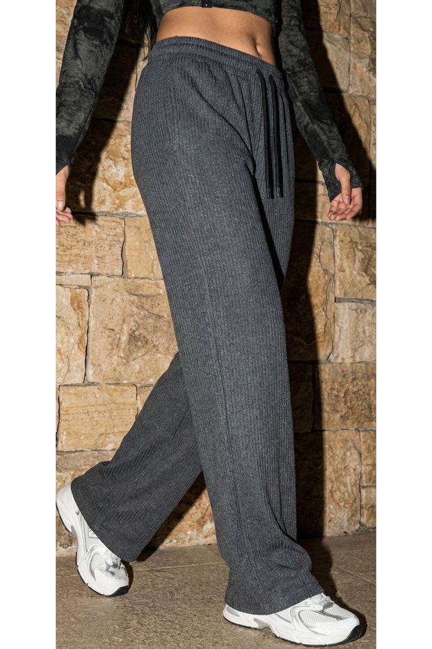 Women's Lace-Up Gray Rib Fabric Striped Loose Leg Casual Sweatpants