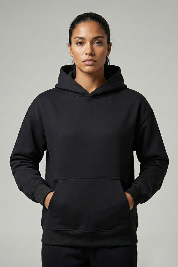 Siyah Oversize Kapüşonlu Sweatshirt - 1