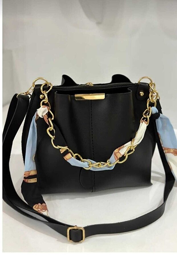 Women's Soft Leather 3-Compartment Hand, Arm, and Shoulder Bag with Black Scarf and Chain Accent