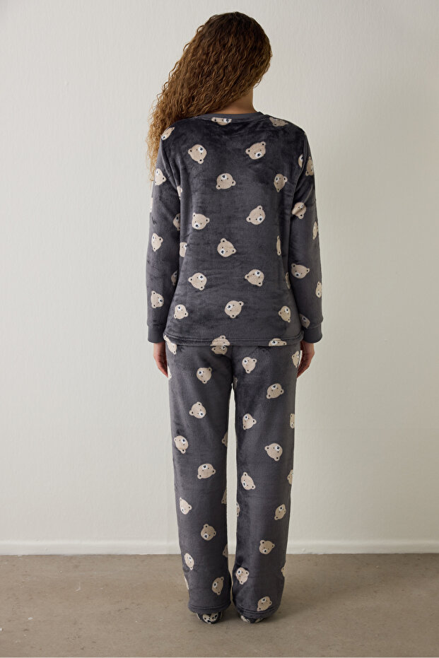 Dark Gray Bear Patterned Long Sleeve Pajama Set - 5