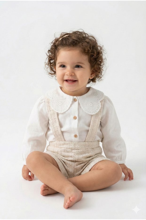 2-Piece Baby Girl Set with Lace Collar Muslin Shirt and Straps - Stylish and Breathable Fabric