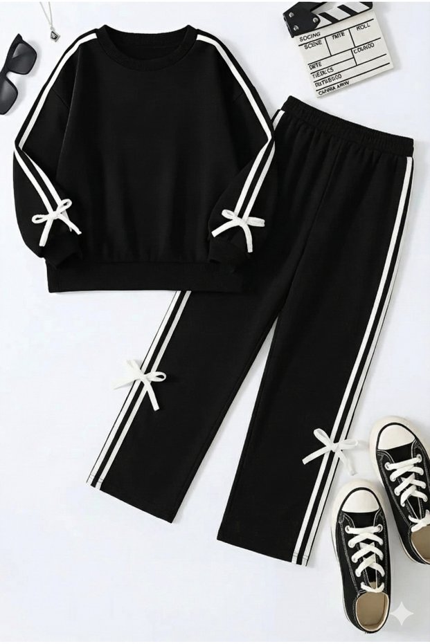 Girls' Black Side-Striped, Bow Detail Two-Piece Tracksuit Set (3-12 Years)