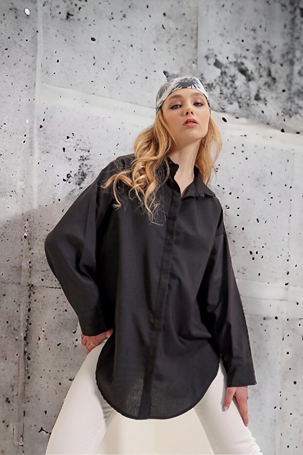 Kadın Siyah Oversize Uzun Basic Gömlek - 3