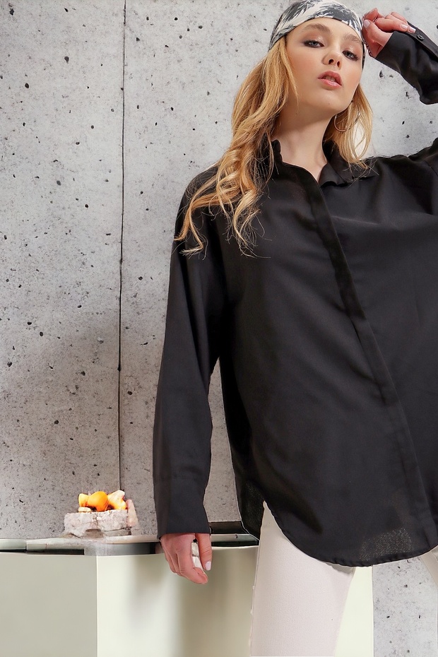 Kadın Siyah Oversize Uzun Basic Gömlek - 2