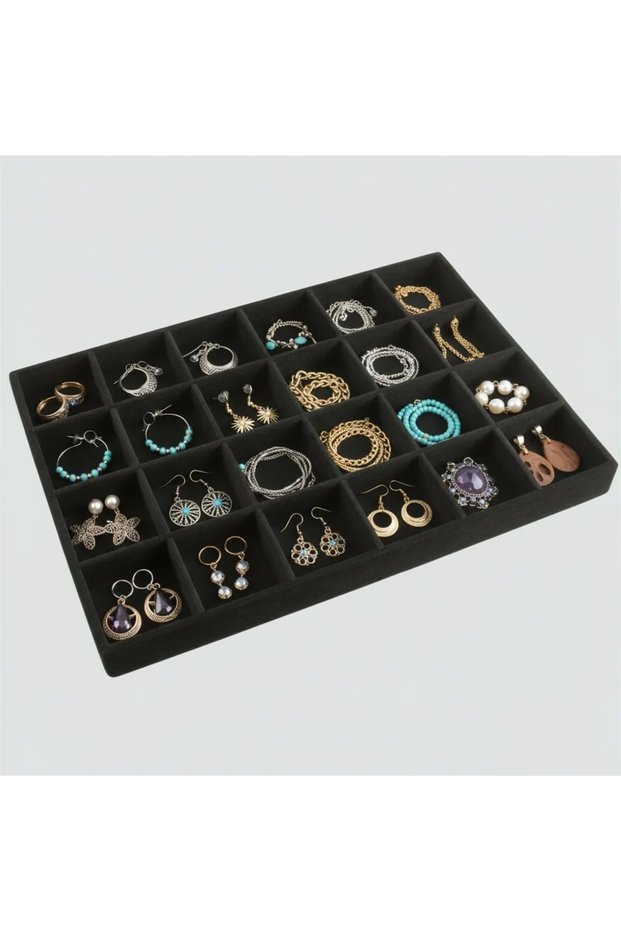 Domestic Production Suede Fabric Black Color 34 Cm / 24 Cm 24 Compartment Inside Drawer Jewelry Stand