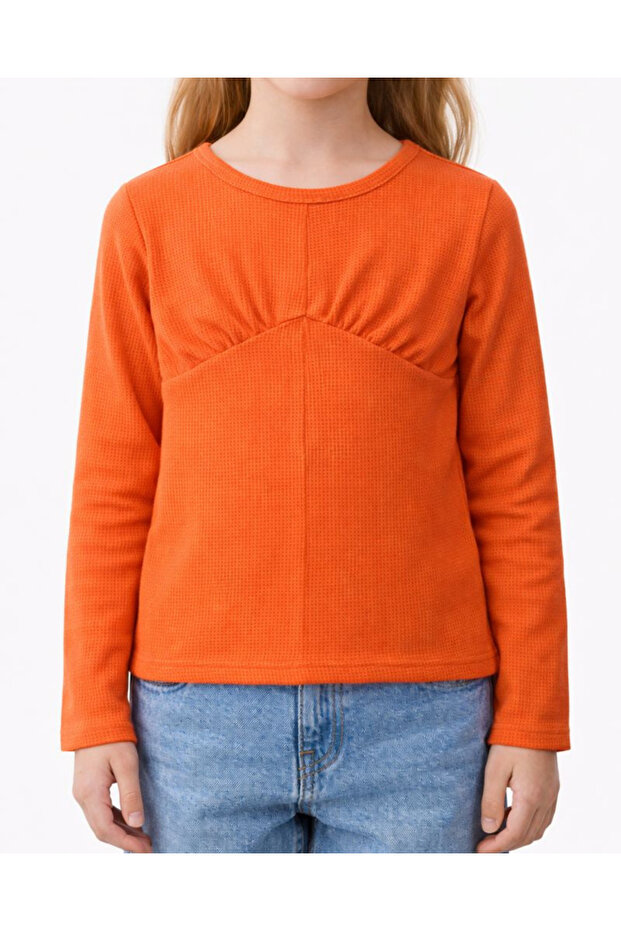 Girl's Ribbed Knit Long Sleeve Full Fit Blouse – Orange / Orange