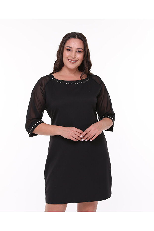 Plus Size Pearl Detailed Round Neck Tulle Sleeve Dress