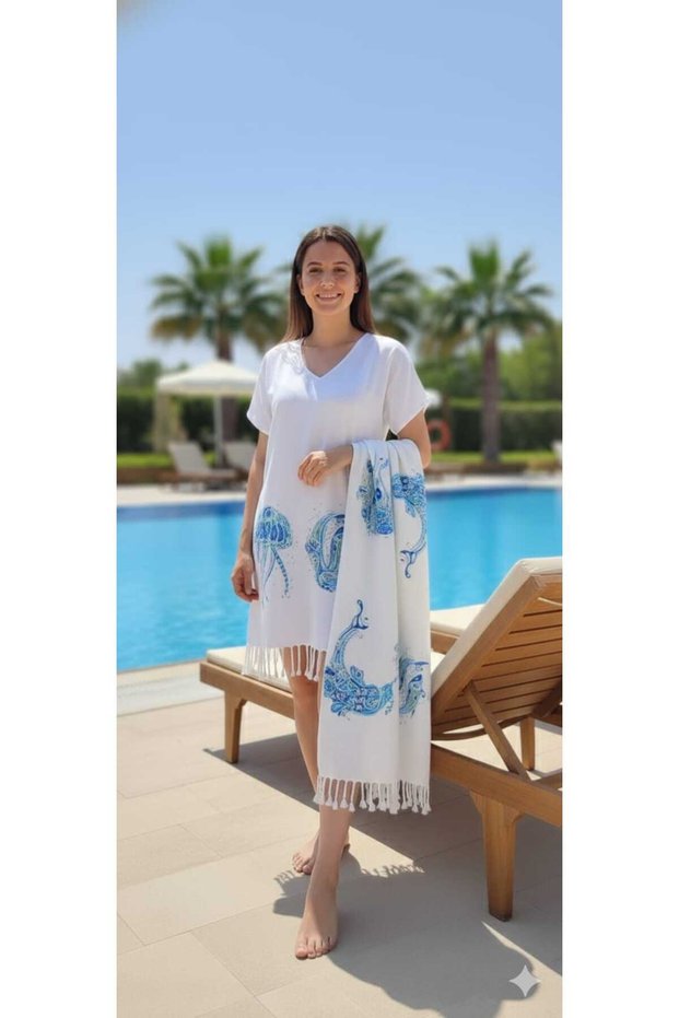 Seahorse Patterned Bamboo Pestemal Dress and Pestemal Pareo Set of 2